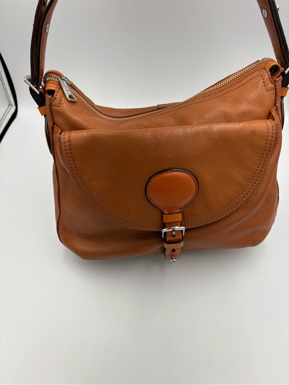 Lauren Ralph Lauren LRL Brown Pebbled Leather Shoulder Bag Buckle Flap - Picture 2 of 12